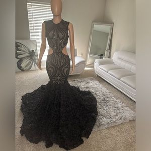 Black Sequin Rosette Prom Dress